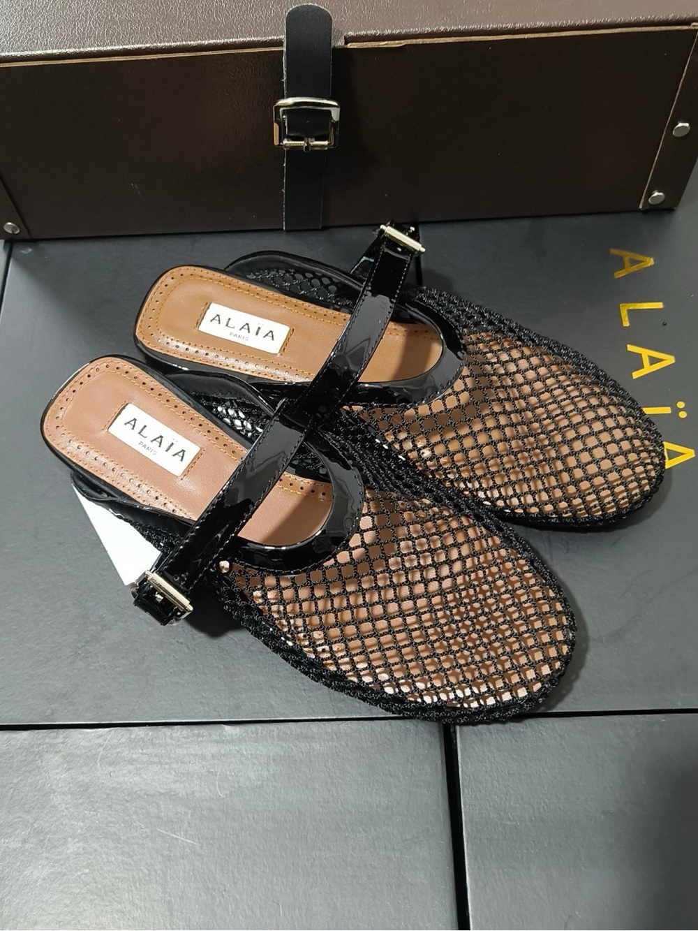 Alaïa Black Fishnet Mesh Mary Jane Mule Slides